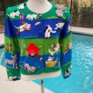 90s Michael Simon Novelty Dog Applique Cardigan Vintage Striped Button SMALL